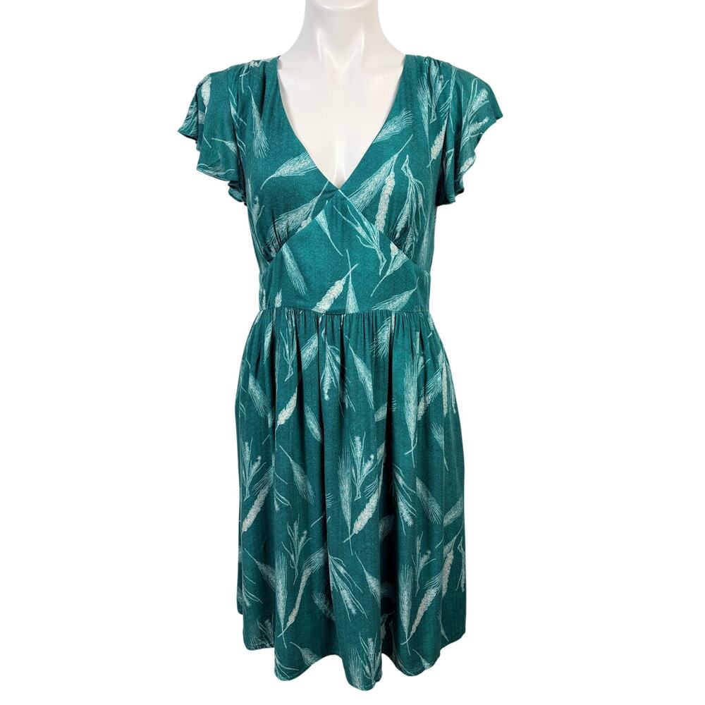 ModCloth V-Neck Teal Dress Fit & Flare Size M Short Flutter Sleeves Knee Length